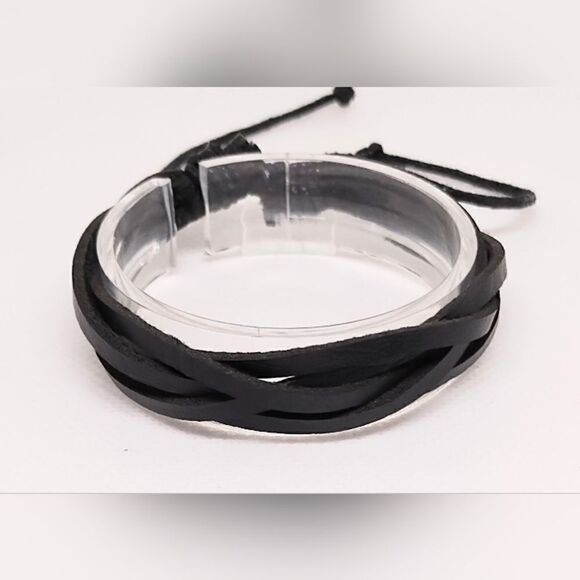 Men's bracelet leather layered black new e25 - Picture 1 of 1